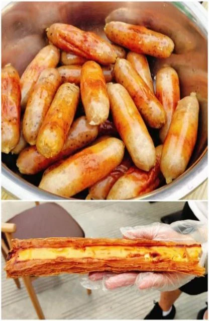식사에 준비된 소시지와 구운 간식