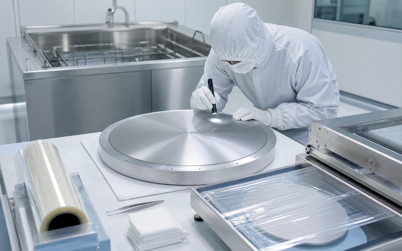 Cleanroom inspection, surface protection, and packaging of a sputtering target
